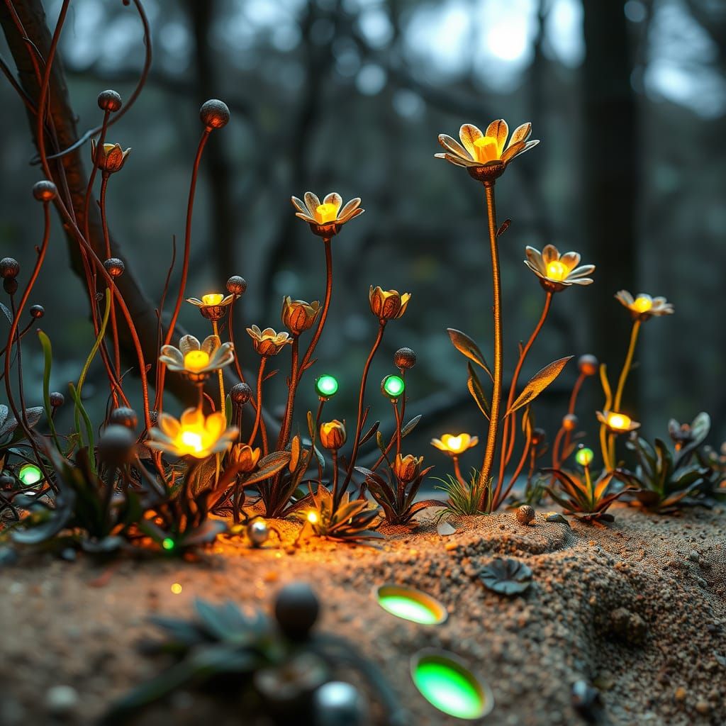 Teslapunk Metallic Forest with Bioluminescent Accents