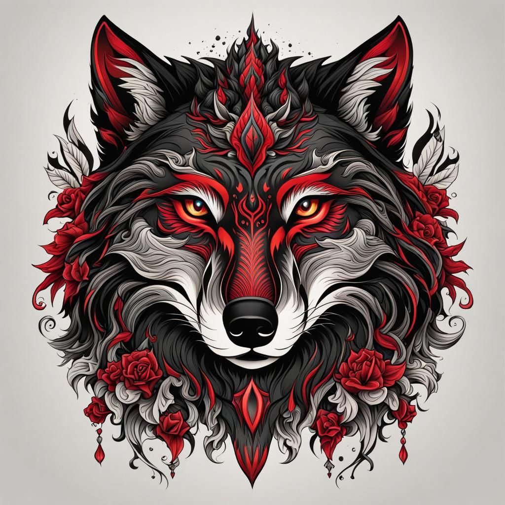 Traditional Black and Red Wolf Tattoo Flash