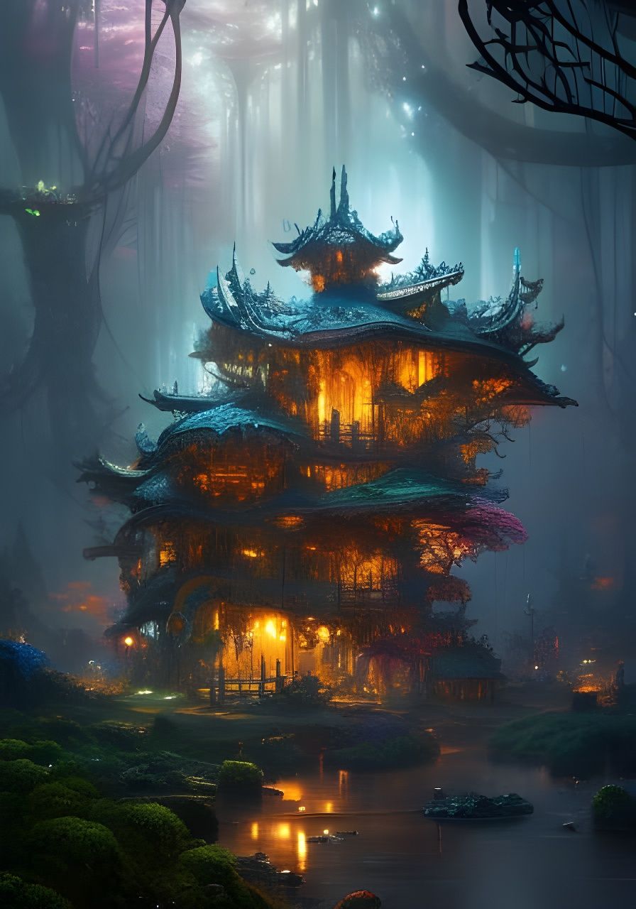 Clockpunk Bonsai Village with Starry Sky, Digital Art