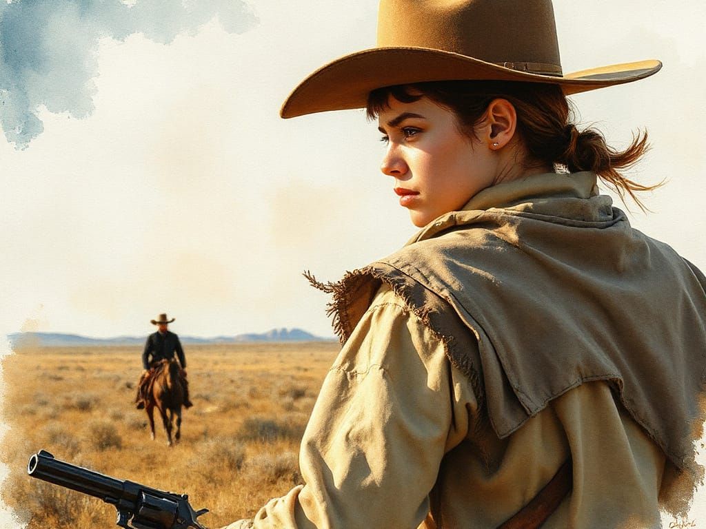 Gunslinger Duel in Watercolor Western Scene