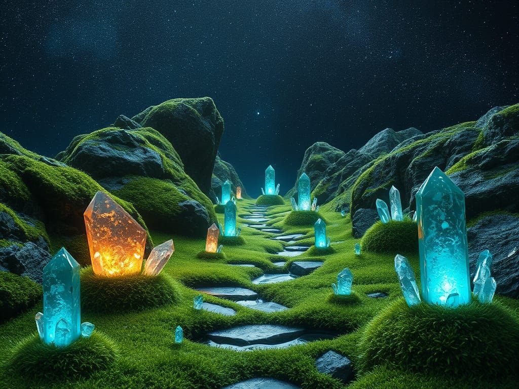 Glimmering Crystal Pathway on a Verdant Moss Planet