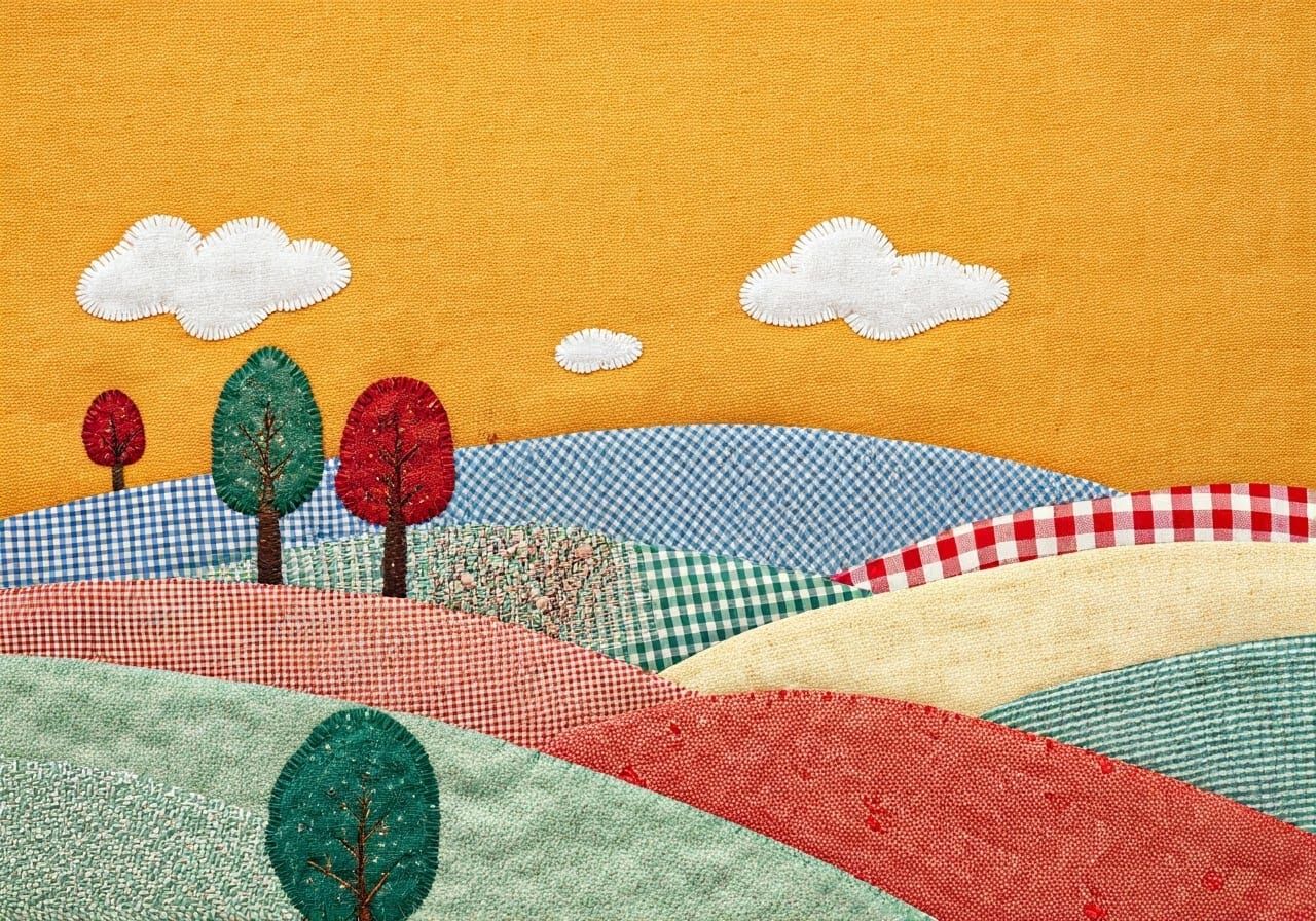 A gingham textile applique sunset landscape made entirely of gingham