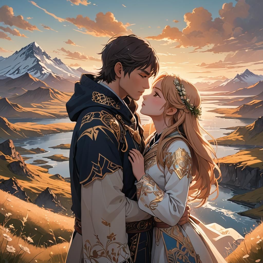 Anime Couple Kissing in Iceland Landscape