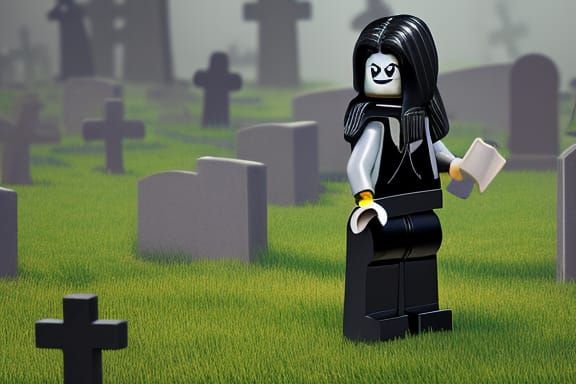 Lego Wednesday Addams Digs Grave: Cel Shaded 3D Render