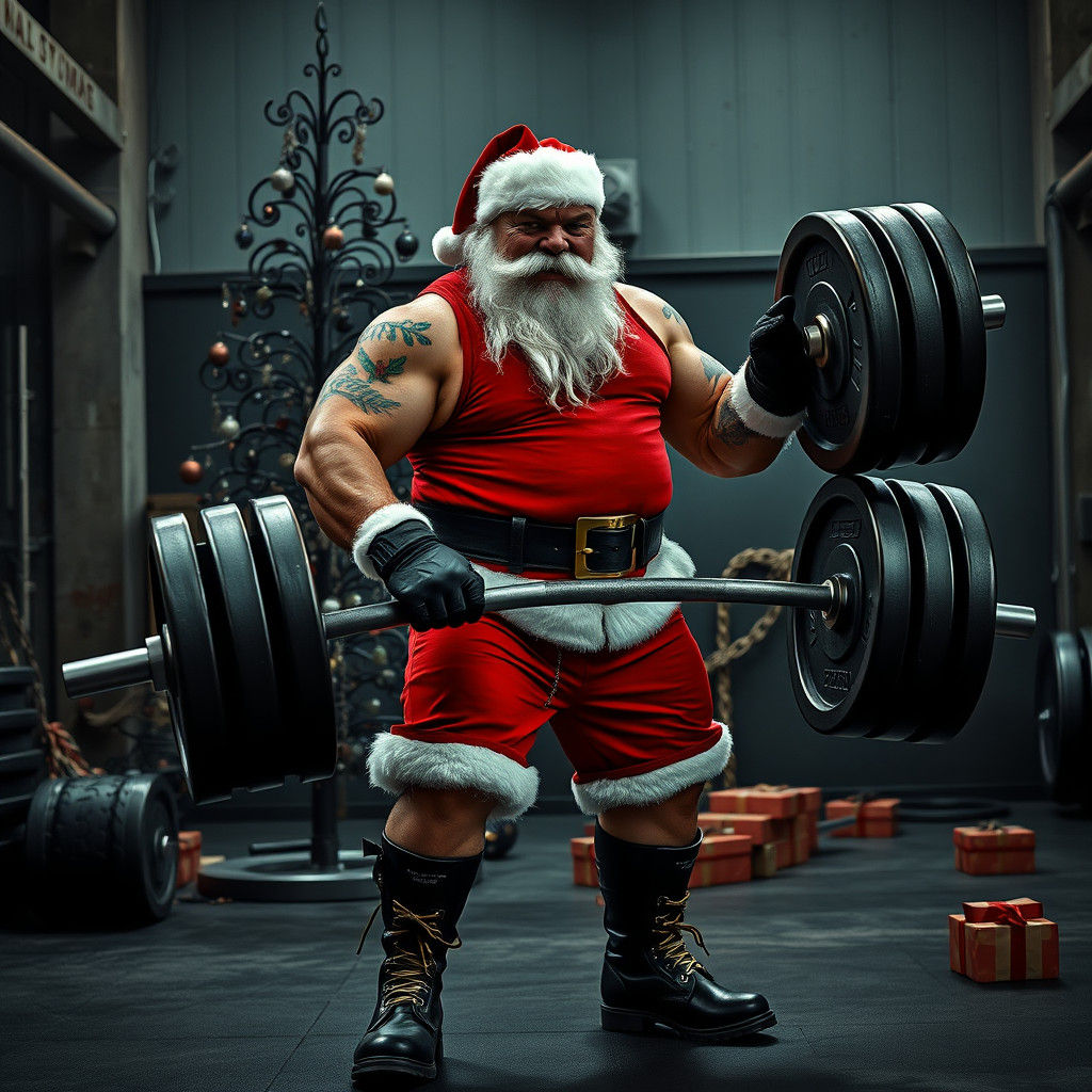 A  Christmas power gym scene with a hyperrealistic, ultra muscular, powerful Santa Claus in a gym, lifting heavy barbell...