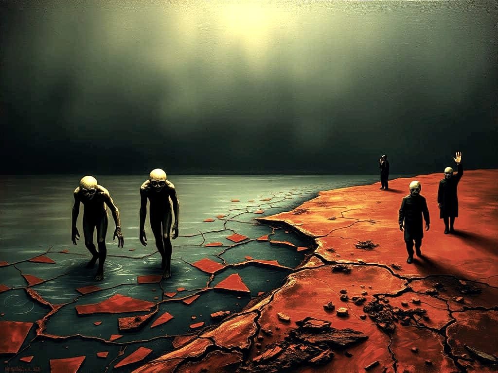 Surreal Oil Painting on Canvas in Dark Greens and Rusty Eart...