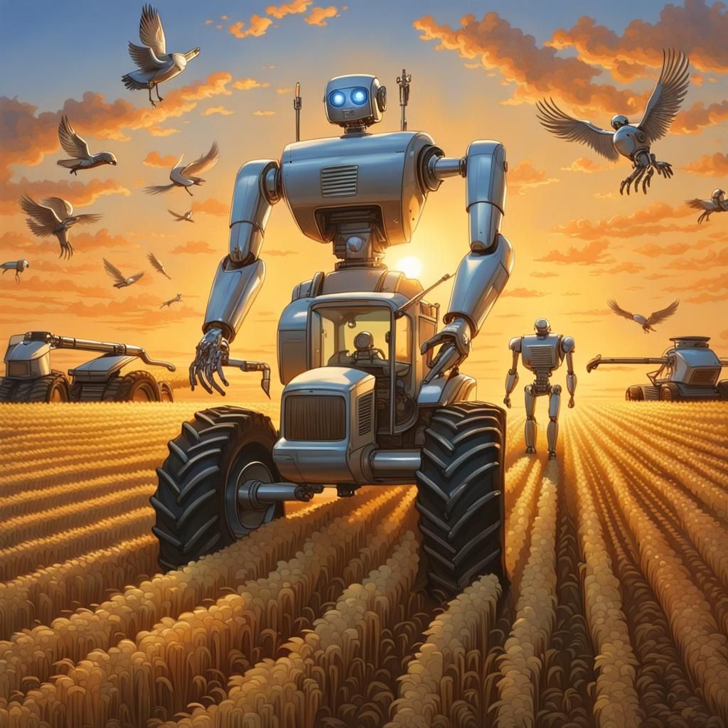 Futuristic Robot Farm at Sunset