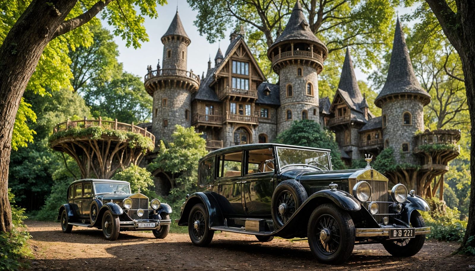 Vintage Rolls Royces Parked Before Enchanted Elven Castle
