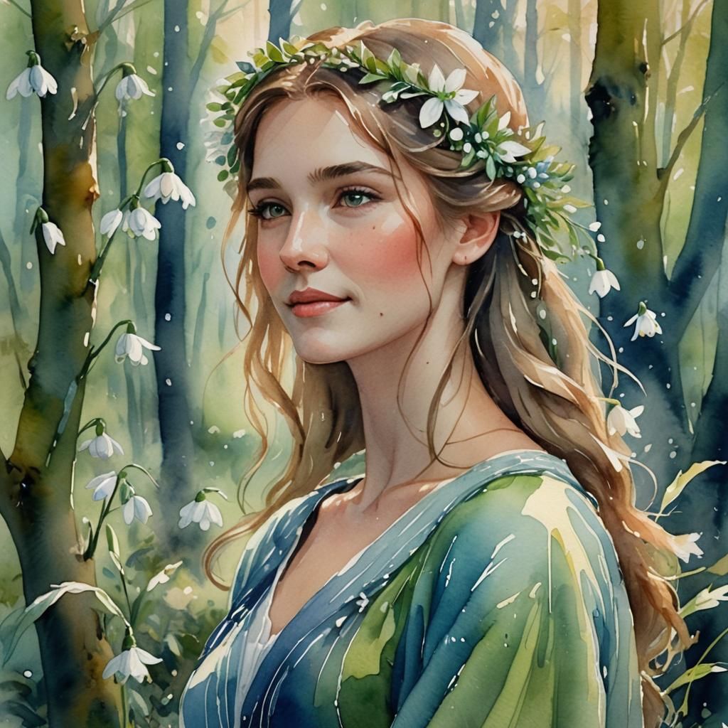 Snowdrop Woman Portrait in Watercolor