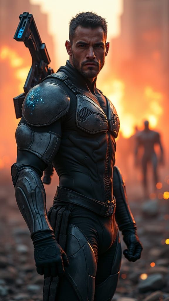 Futuristic Warrior at Chaos Edge, Cinematic Power