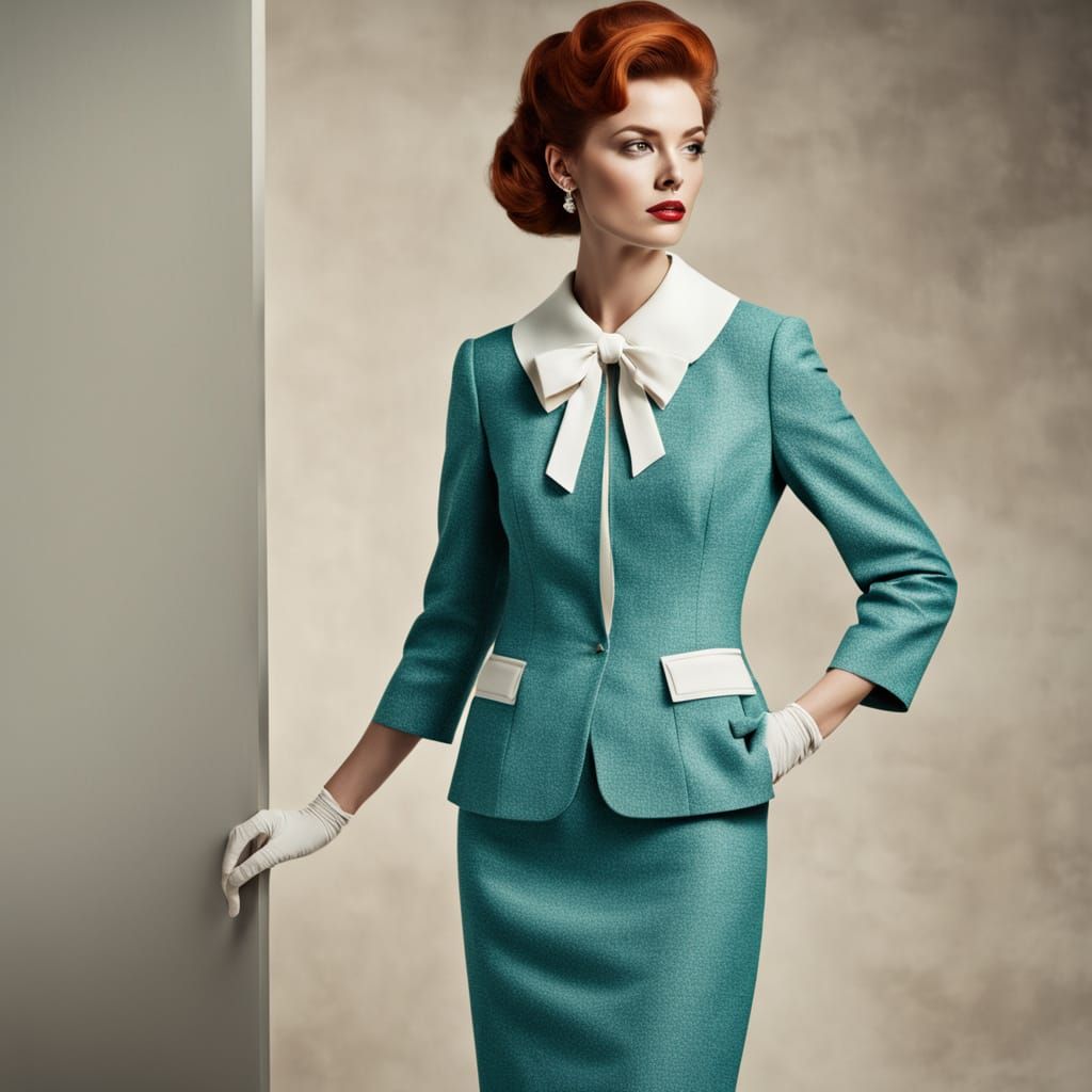 1962 Fashion Model in Turquoise Tweed Suit