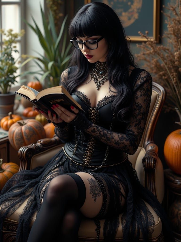 Romantic Goth Woman in Cozy Reading Nook