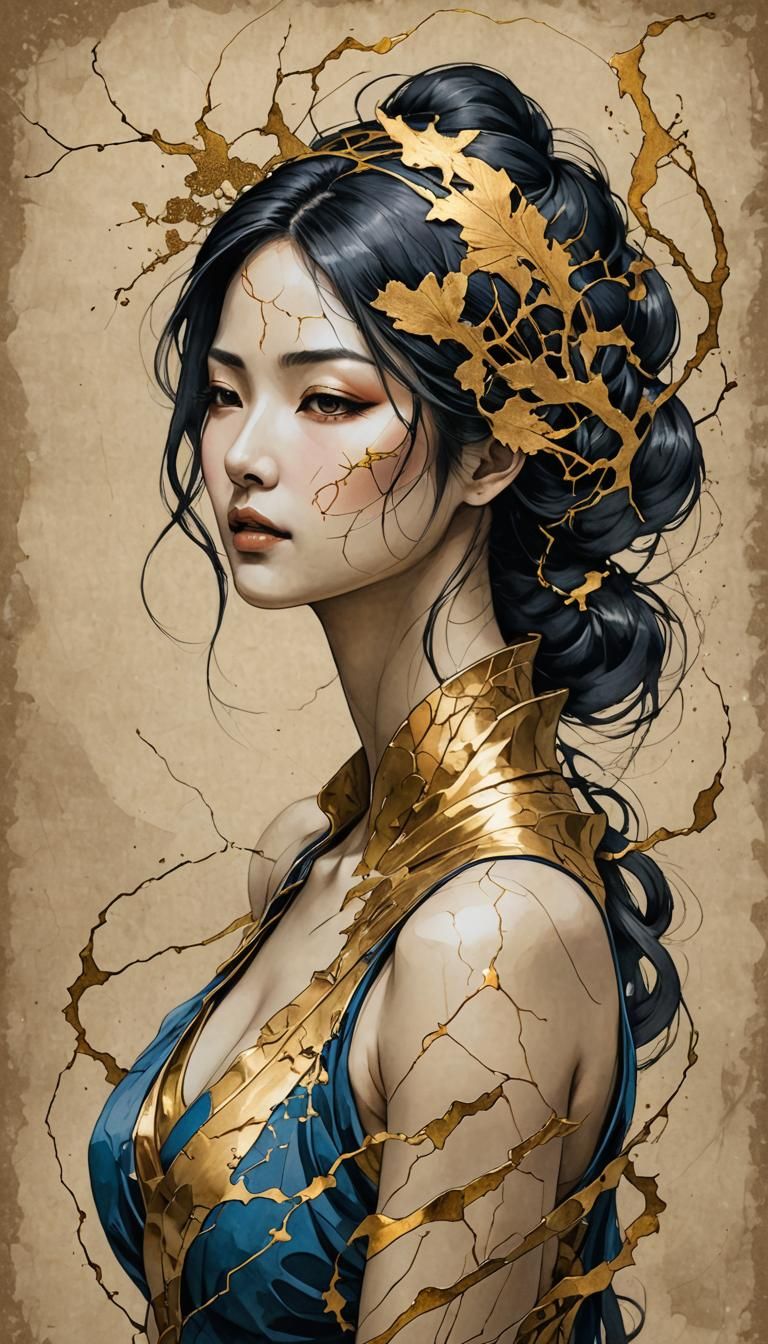 Kintsukuroi Woman: Surreal Ink Art on Aged Paper