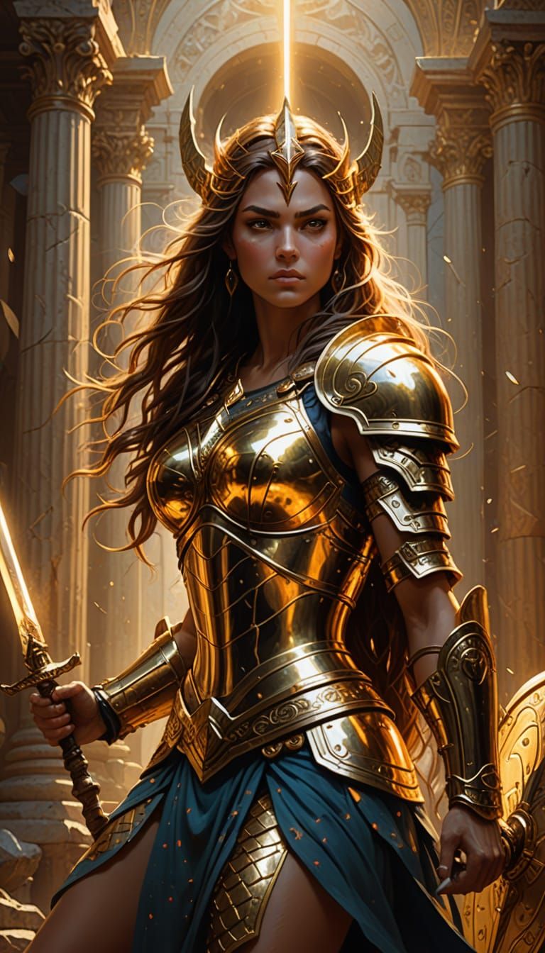 Goddess Warrior in Golden Armor Illustration