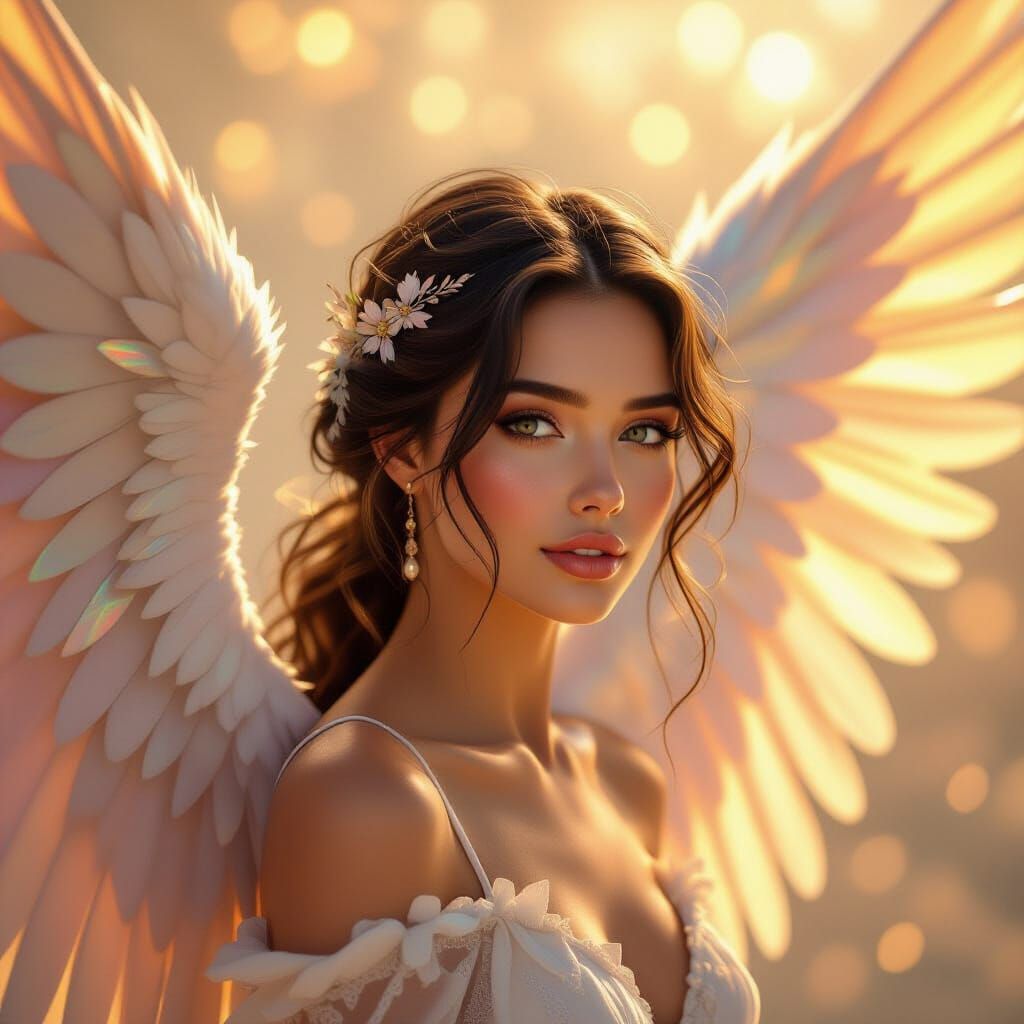 Heavenly Angel Portrait with Iridescent Wings
