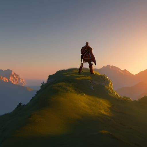 Mountain Sunset Digital Art in Orange and Teal