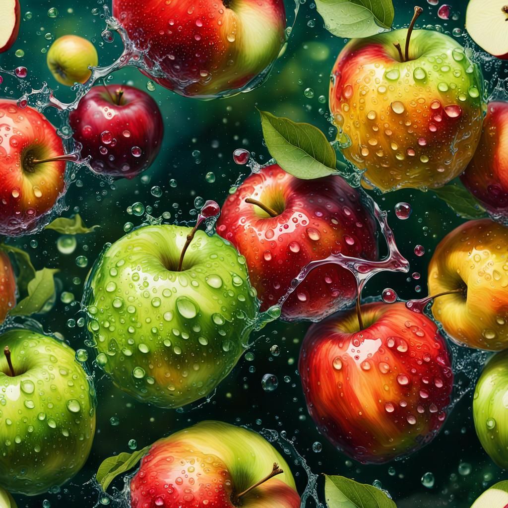 Vibrant Apples Glisten Under Water with Soft Foliage in the....