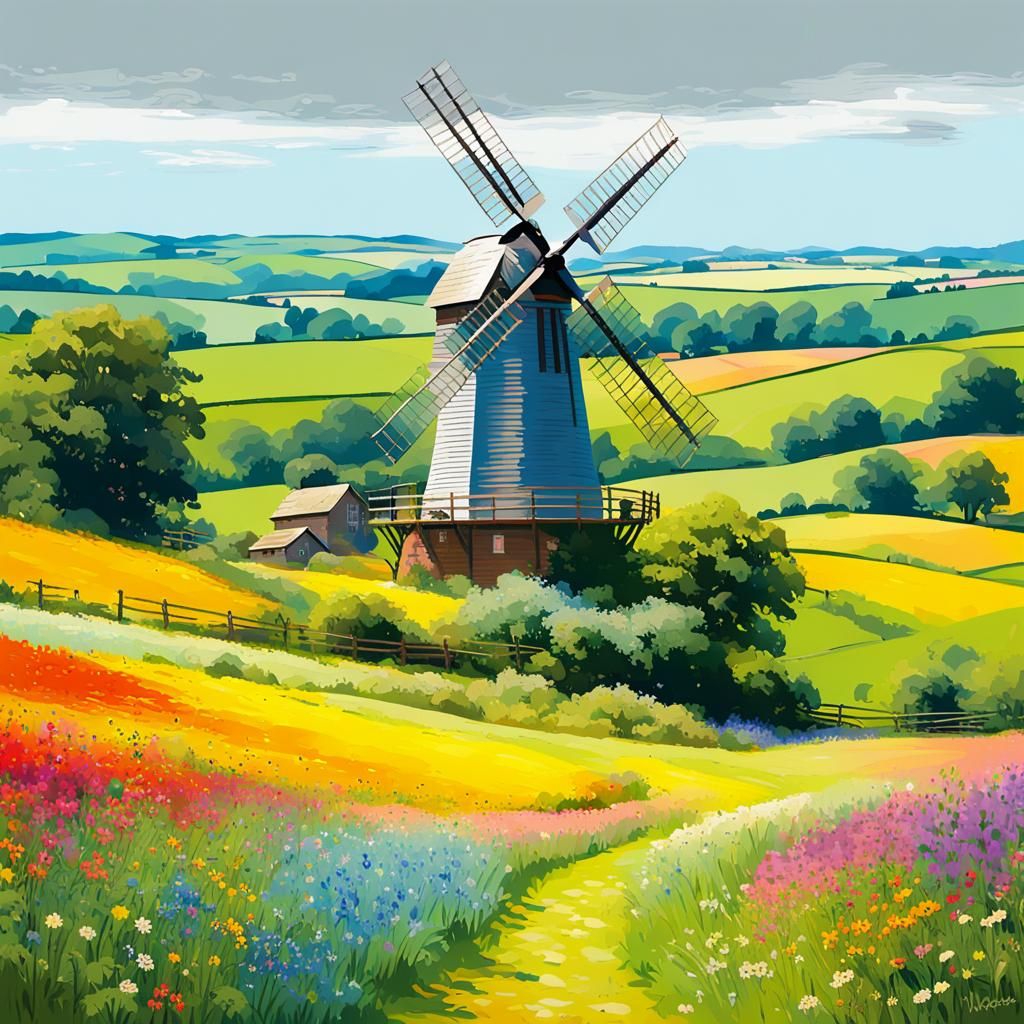English Windmill in Impressionist Digital Art