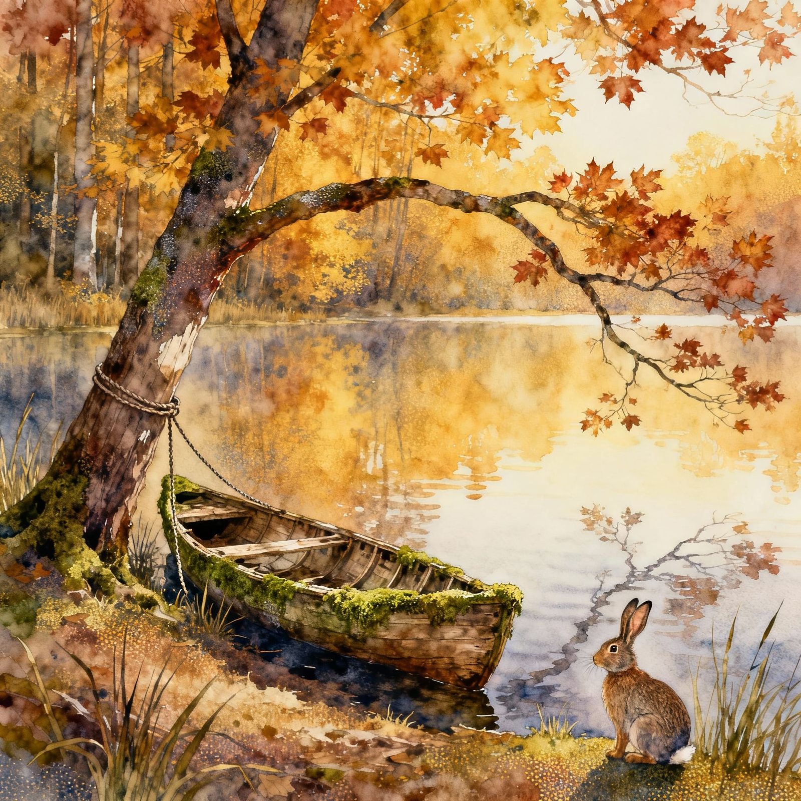 Serene Autumn Lake with Abandoned Canoe in Golden Hour