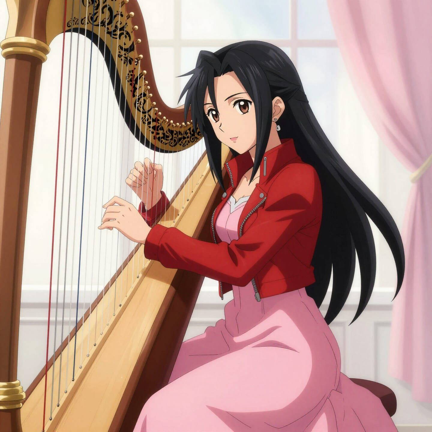 Aerith Gainsborough Playing Harp in Anime Style