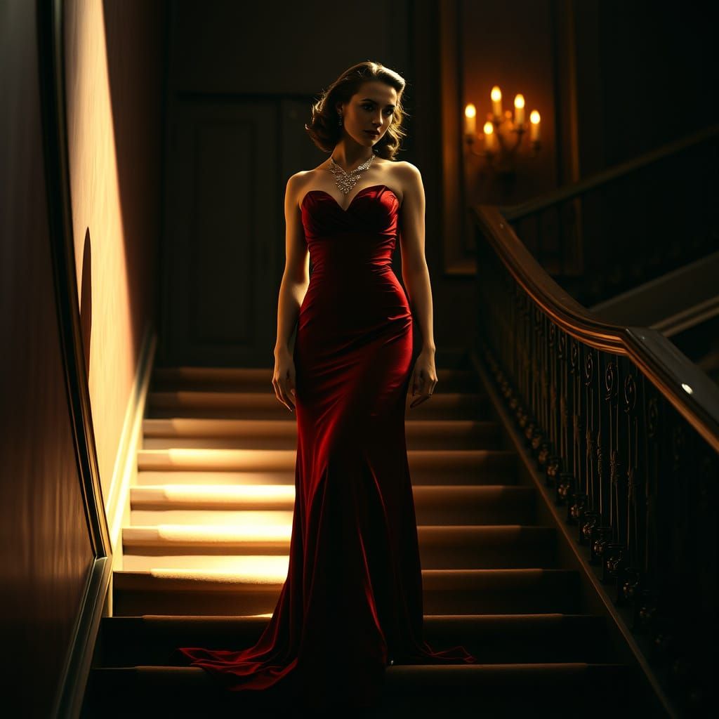 Femme Fatale in Crimson Gown on Grand Staircase