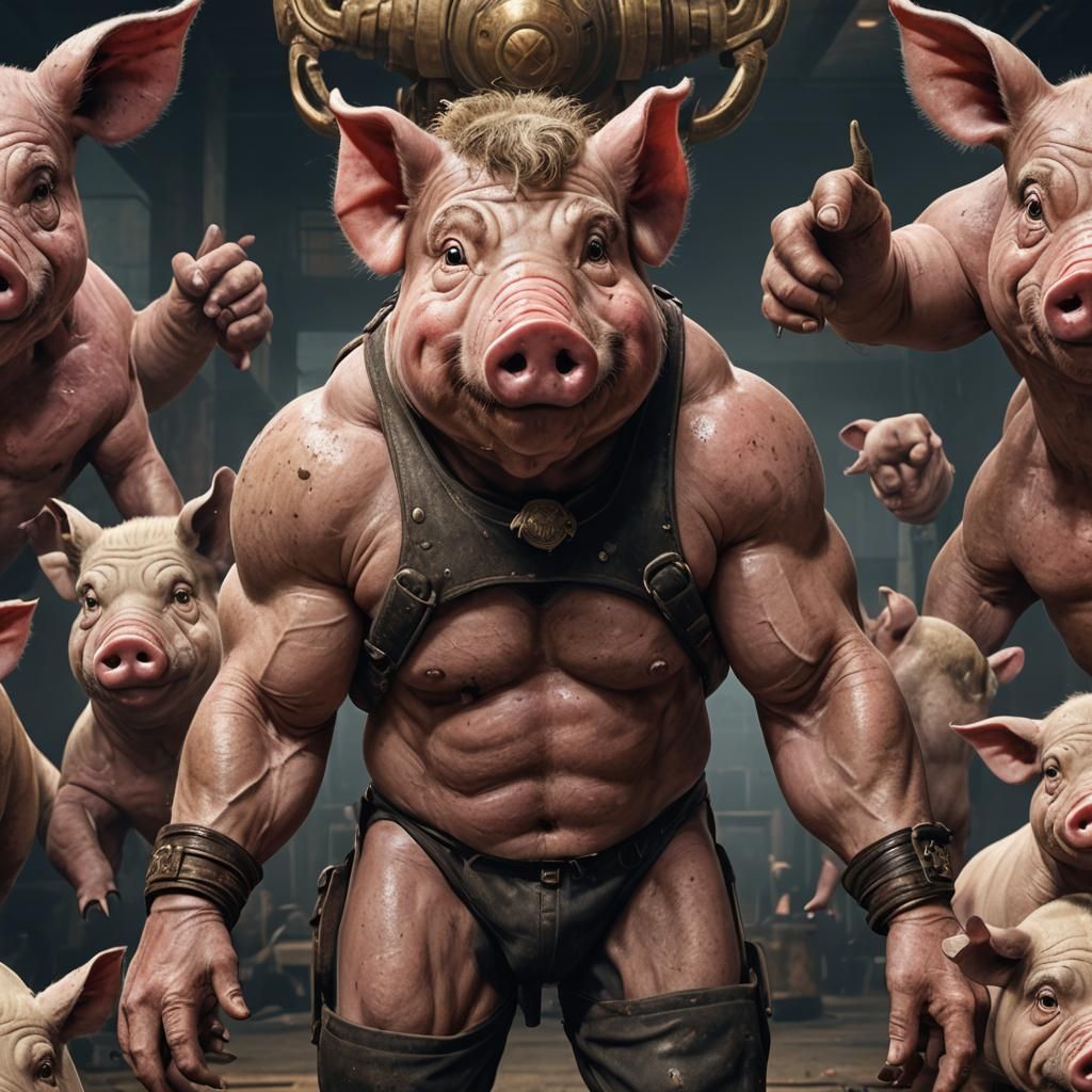 Hyperrealistic Portrait of a Pig Wrestler, 1940s Style