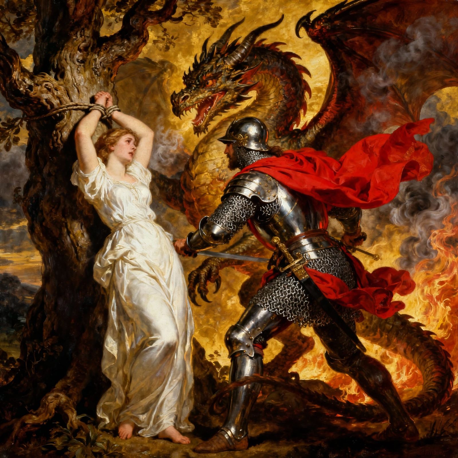 Knight Defends Damsel From Dragon in Classical Painting Styl...