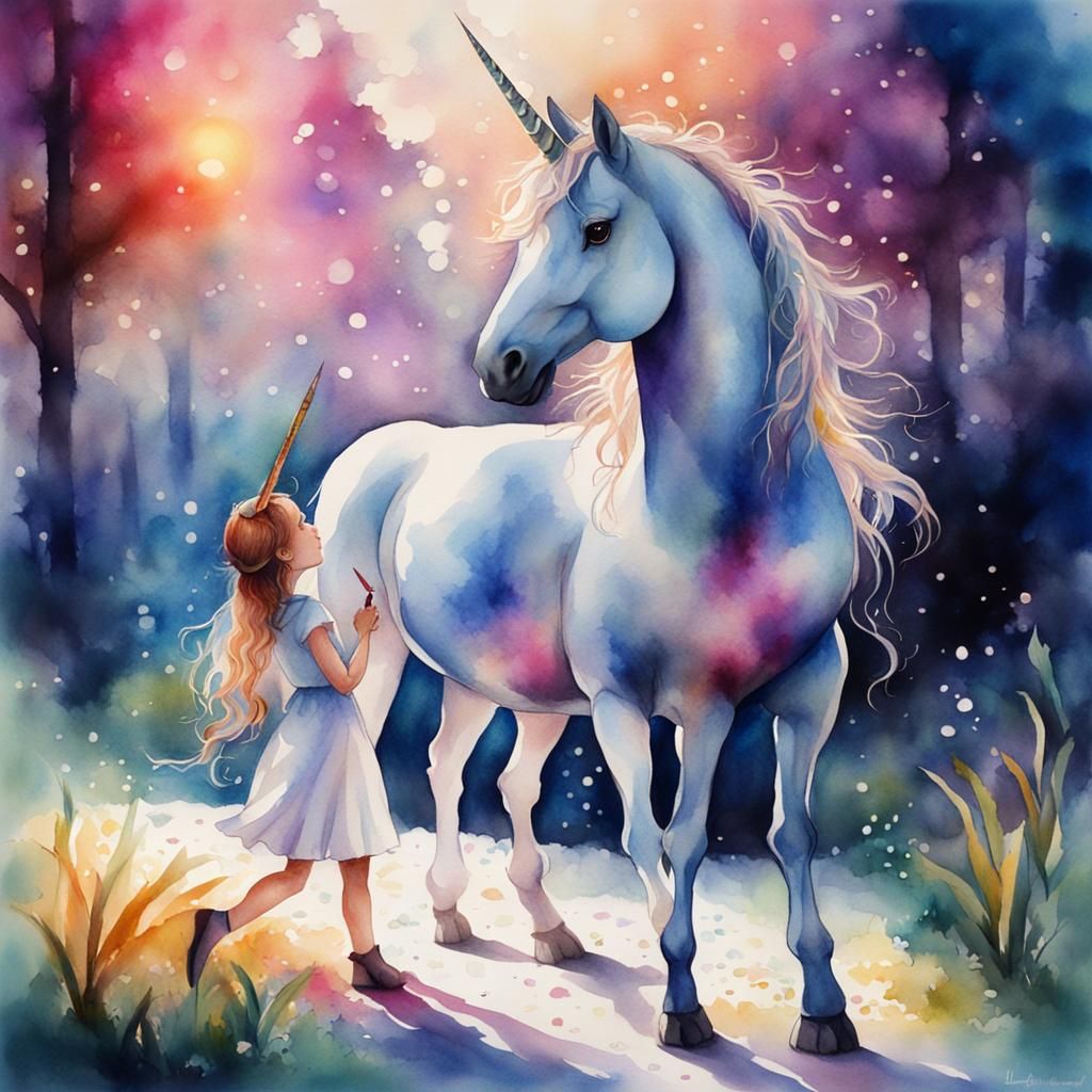 Girl and Unicorn Playing: Fantasy Watercolor Art