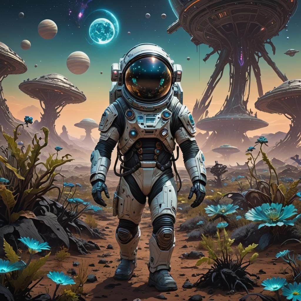 Space Explorer on Alien Planet with Bioluminescent Plants