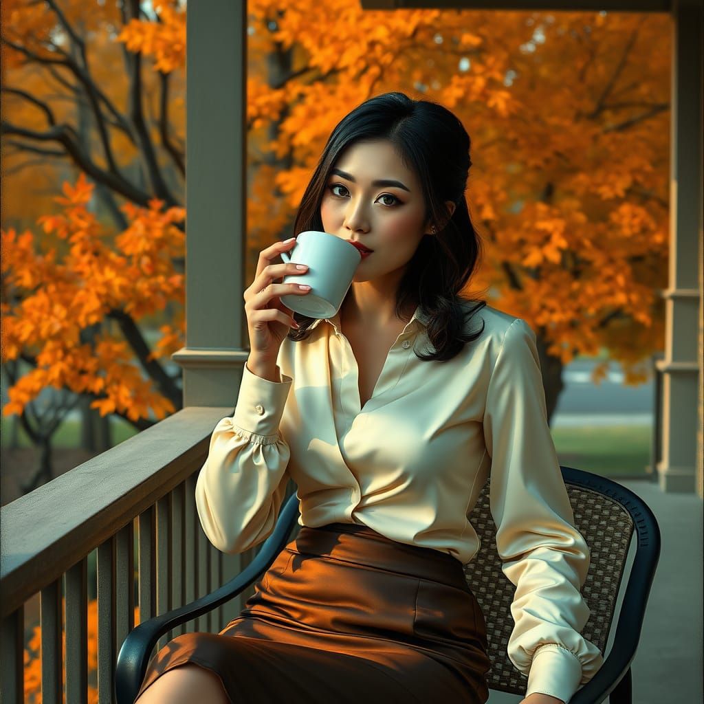 Mysterious Asian Woman in Autumn Attire