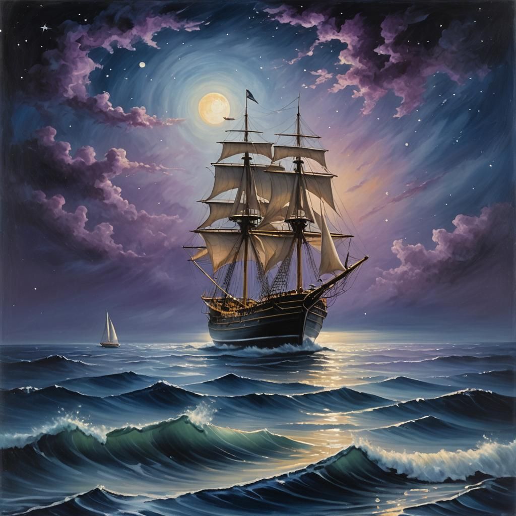 Solitary Ship on Moonlit Ocean in Surrealism Style