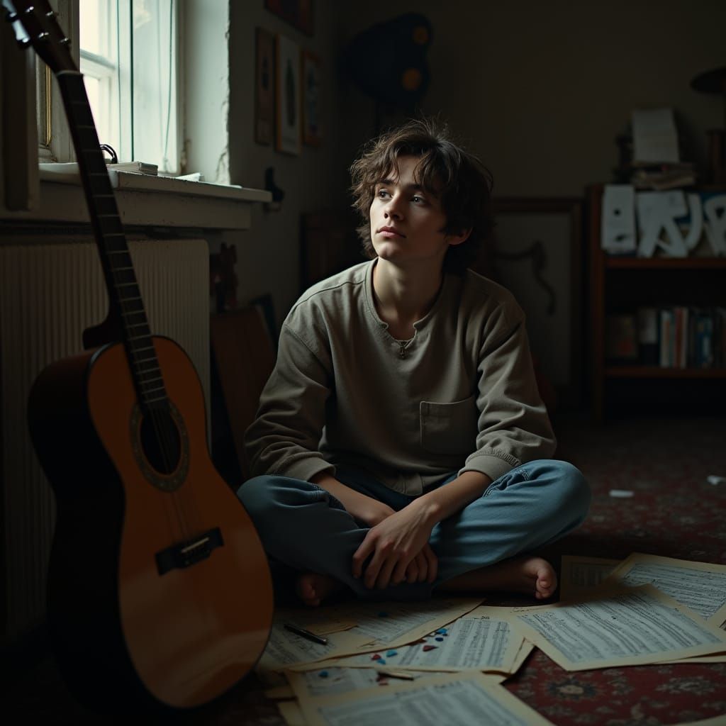 Young Musician Lost in Thought, Surrounded by Sheet Music an...