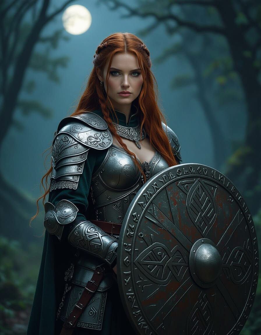 Shieldmaiden Guarding Moonlit Glade in D&D Style