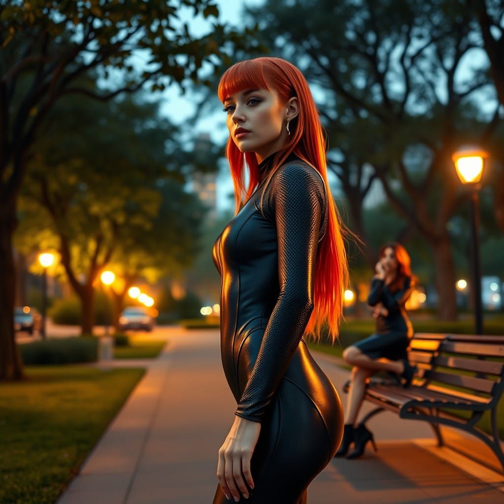 Futuristic Red-Haired Woman in Urban Park at Dusk