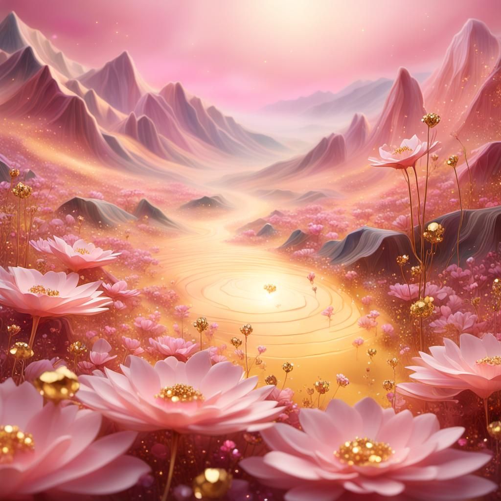 Dreamlike Valley of Pink Crystals in Surreal Style