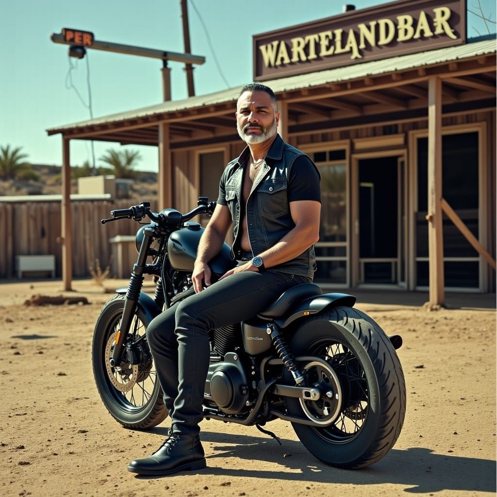 Biker on Harley Davidson in Desert Wasteland