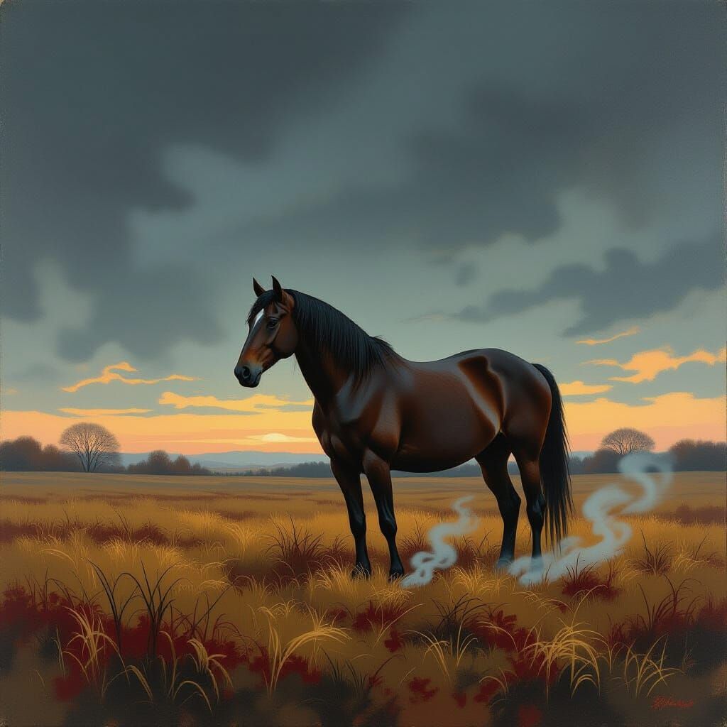 Horse in Autumn Field at Twilight, Impasto Oil Painting