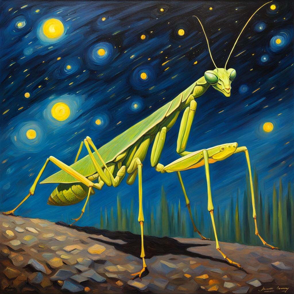 Praying Mantis in Starry Night Style