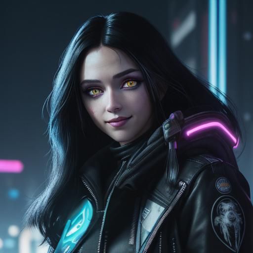 Cyberpunk Woman with Raven Hair and Neon Lights