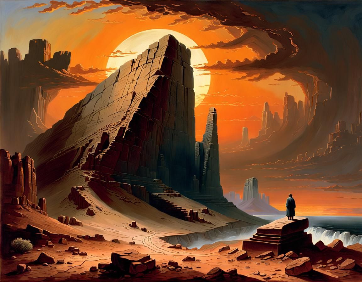 Colossal Statue in Desert Landscape: Romantic Oil Painting