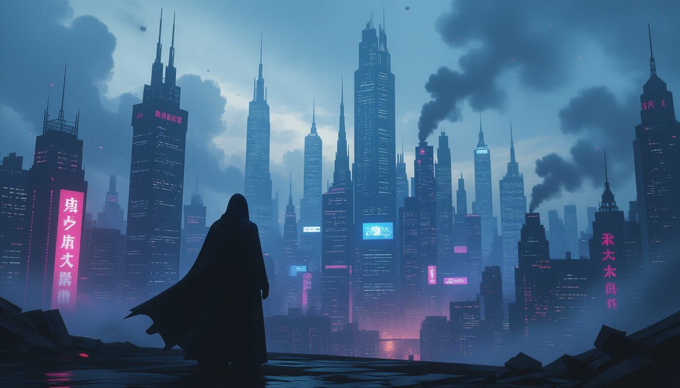Prophet's Light Against Dystopian Cyberpunk City