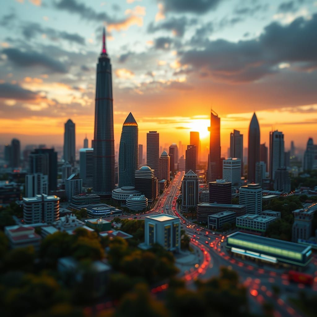Jakarta Miniature Smart City at Sunset: Hyper-Realistic Digi...