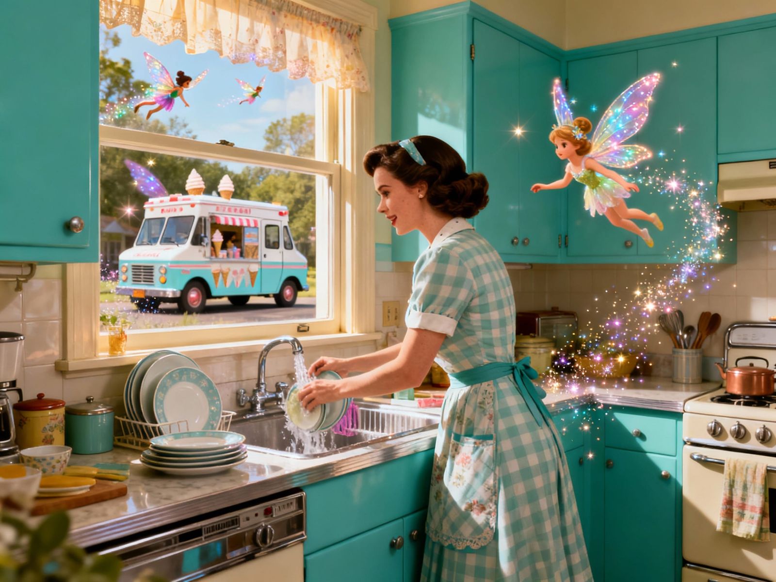 Retro Kitchen Scene with Magical Fairy Helper