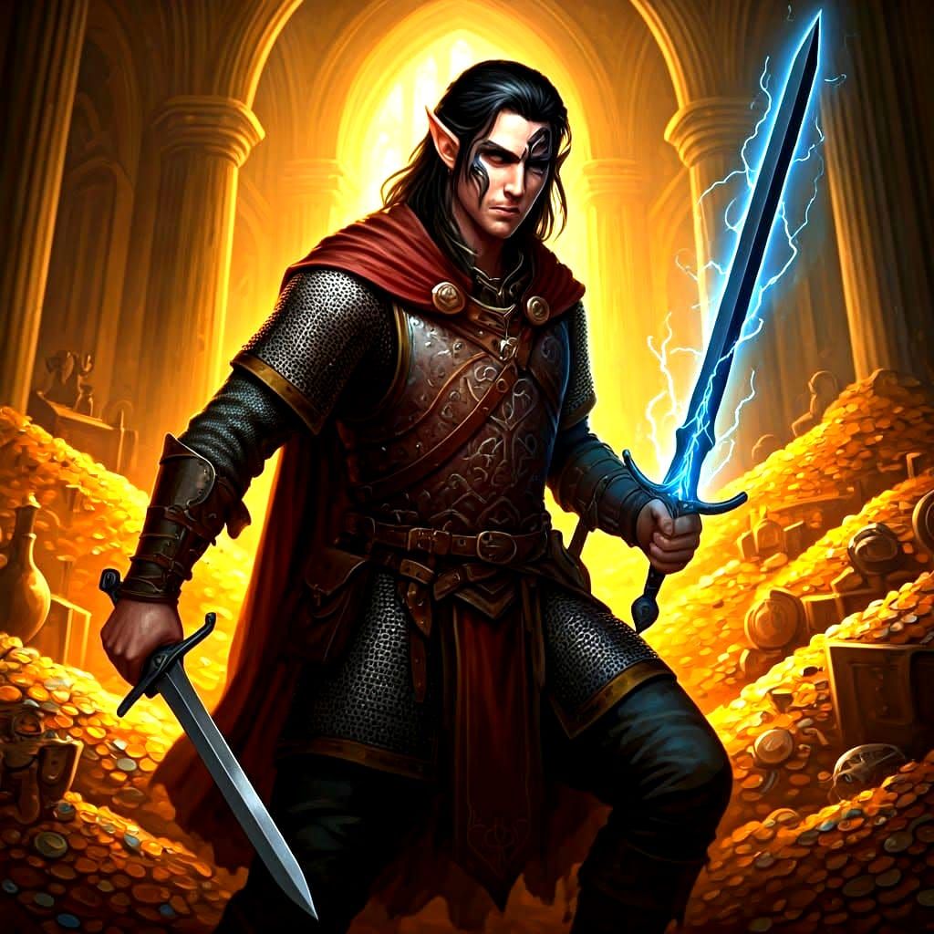 Half-Elf Rogue in Treasure Hall, Oil Painting