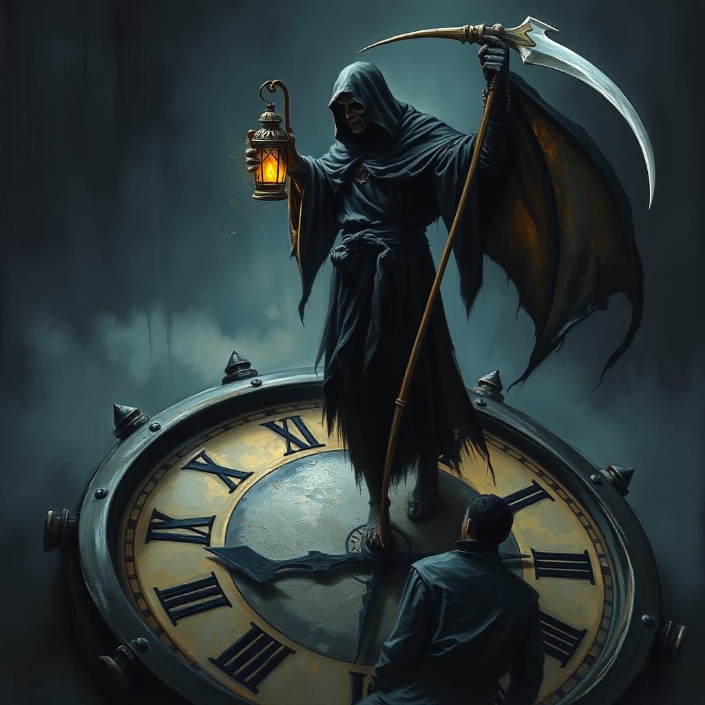 Death Stands on Time in Impasto Painting