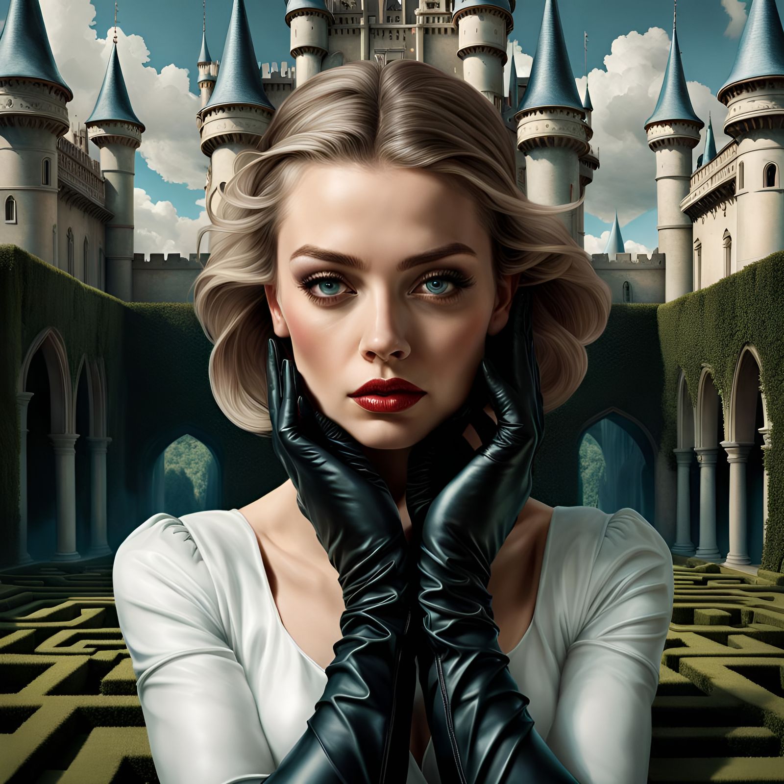 Detailed Female Portrait with Gloves, Surreal Dark Art