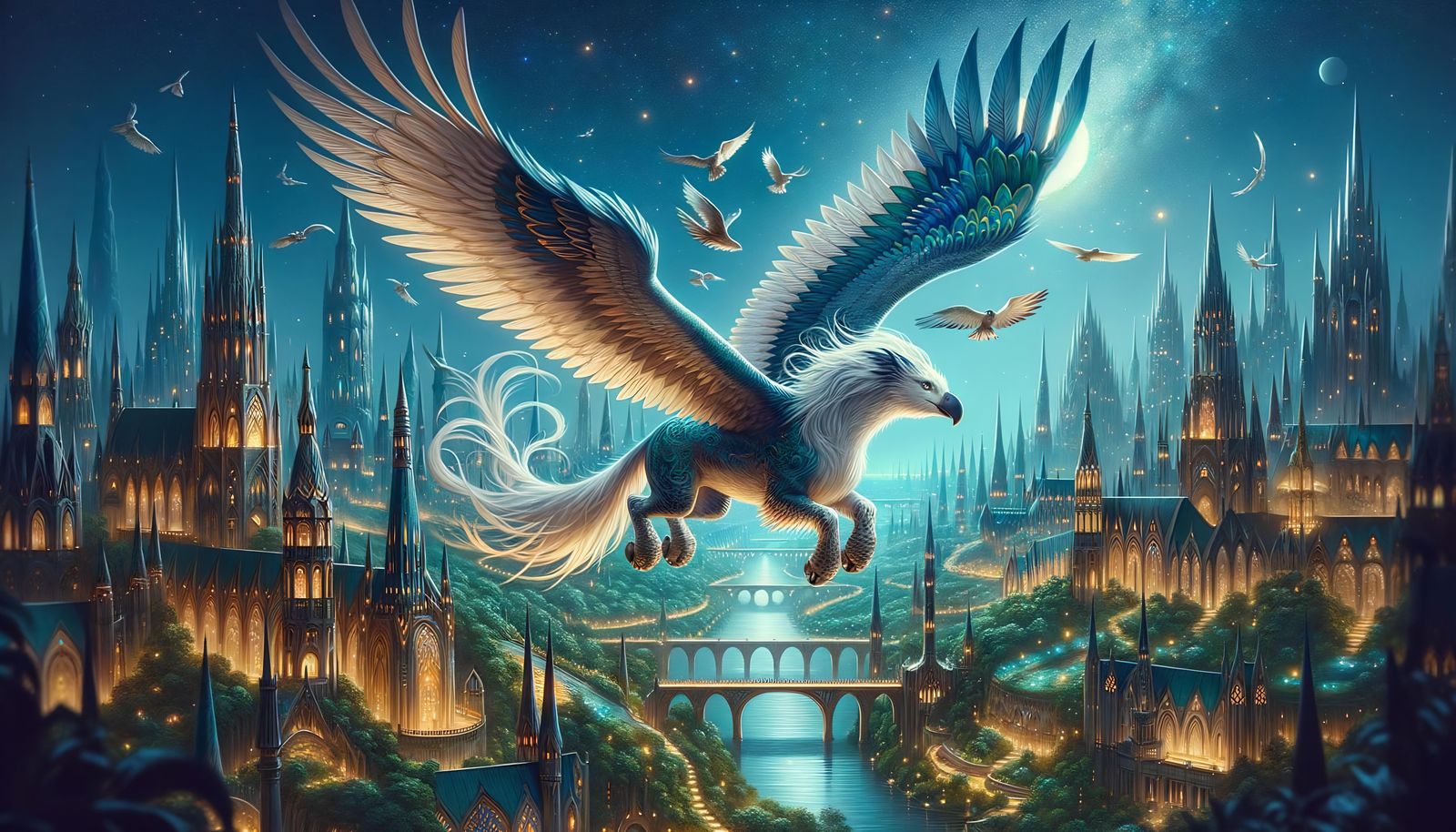 Majestic Hippogriff Soaring Over Fantasy City in Digital Art