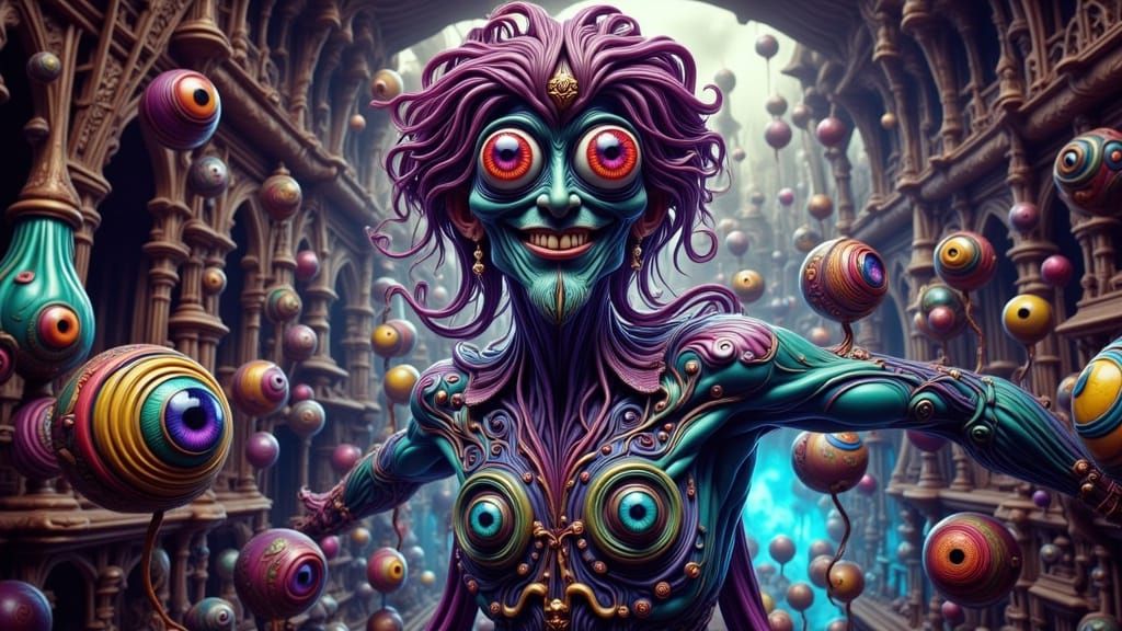 Psychedelic Arabian Genie with Ornate Castle Backdrop