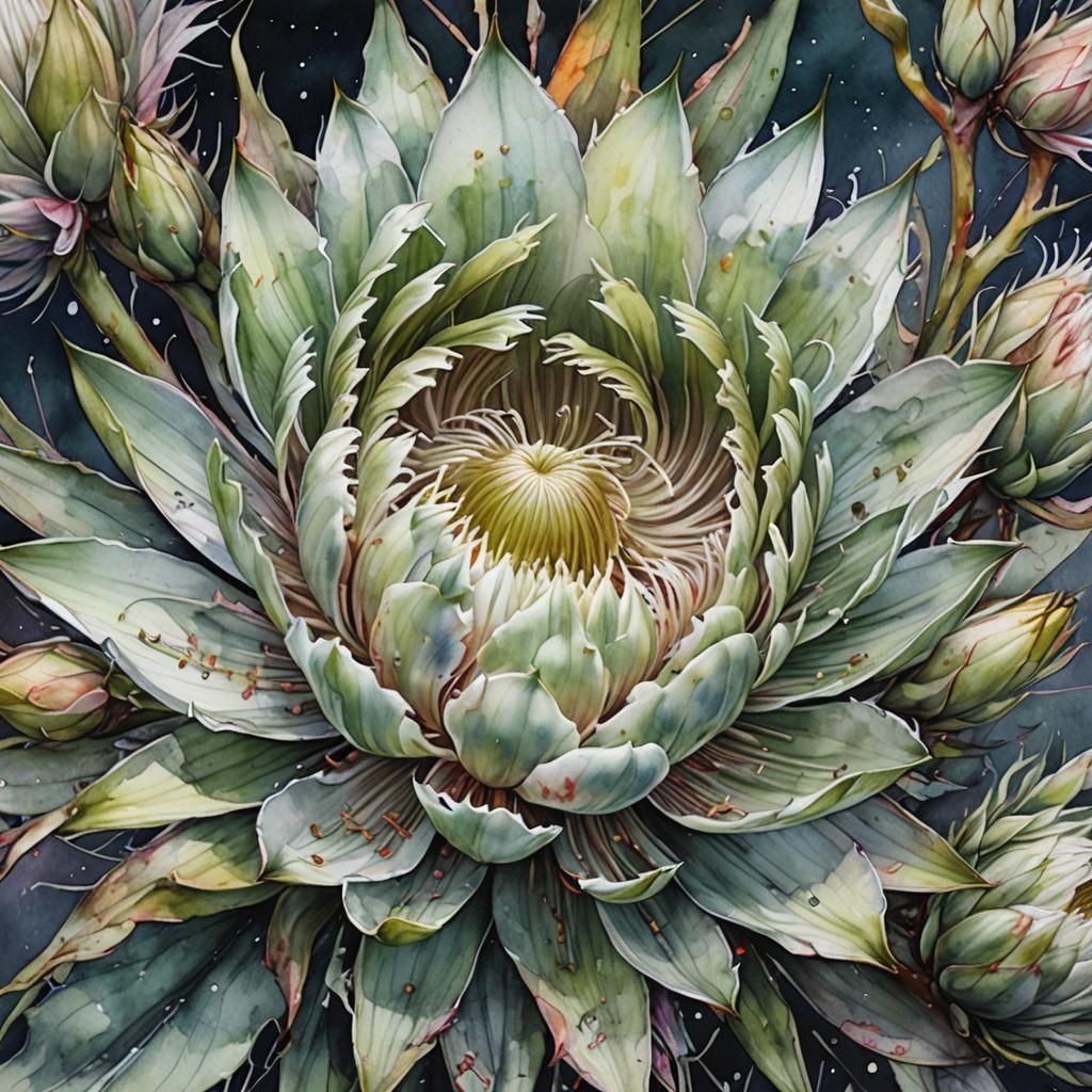 Night-Blooming Cereus in Modern Watercolor Style