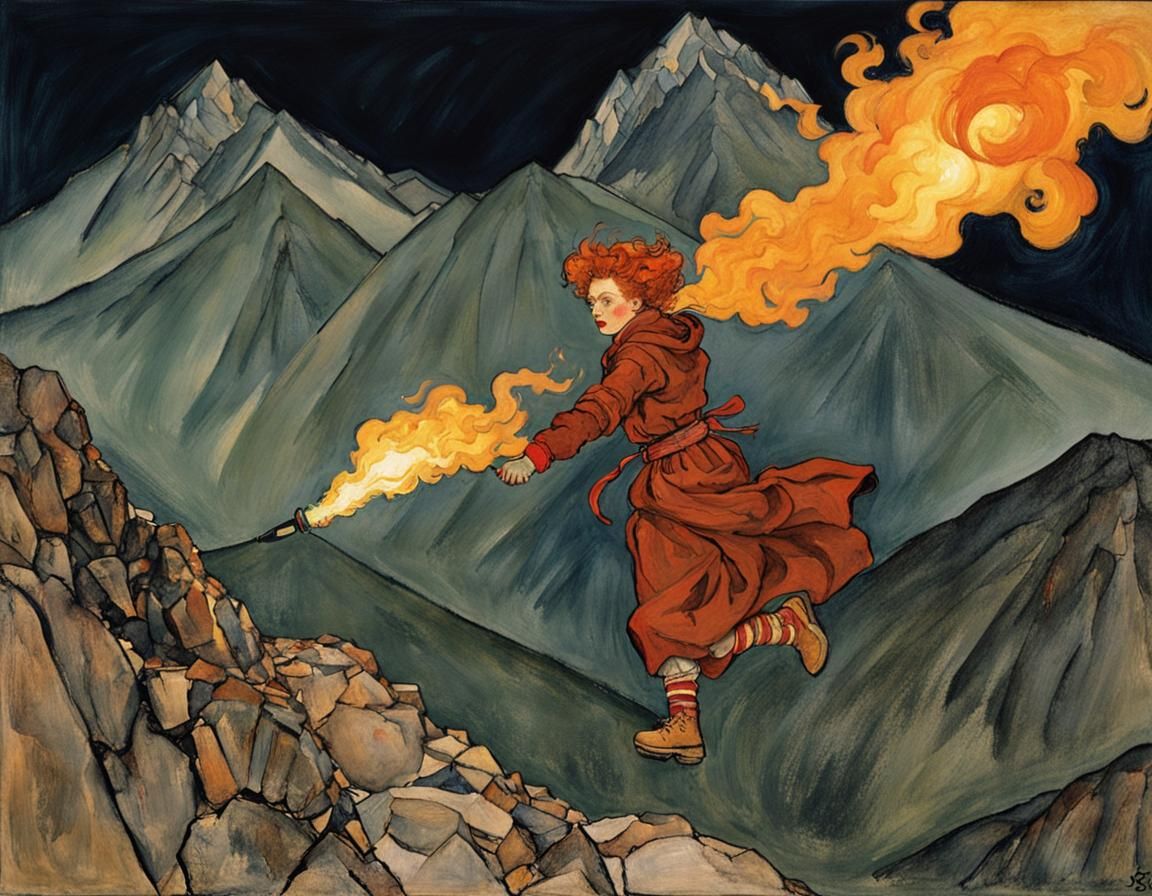 Torch-Bearer at Midnight: Expressionist Mountain Scene